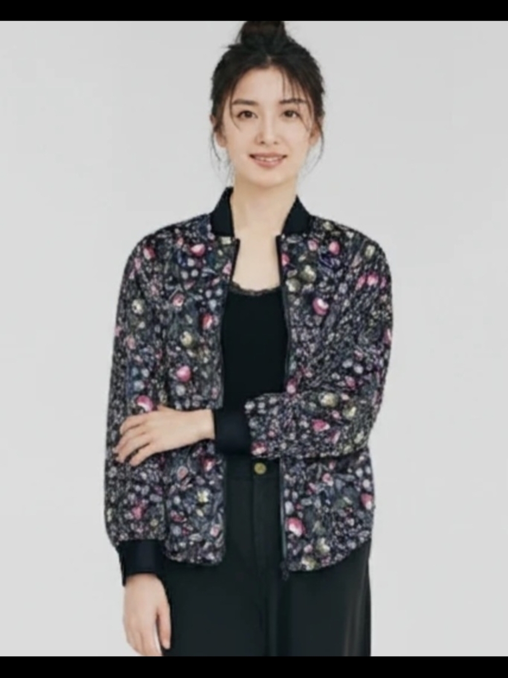 Bernardo Womens Reversible Floral Quilted Bomber Jacket Reverse Blue/gray M